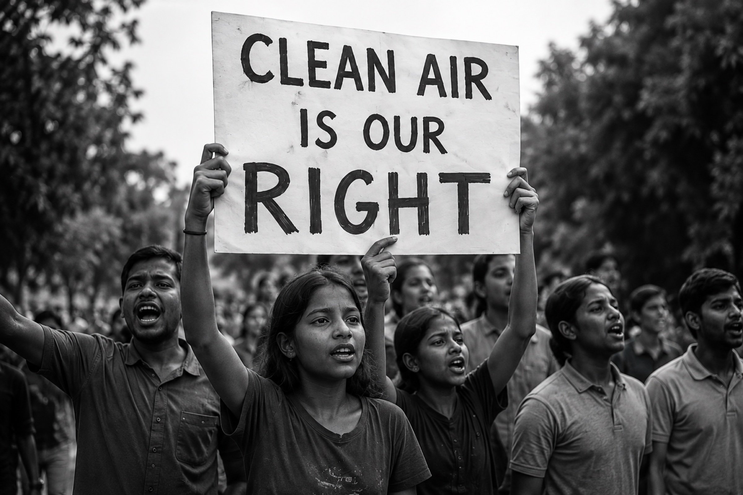 Students holding hand-lettered clean-air placards