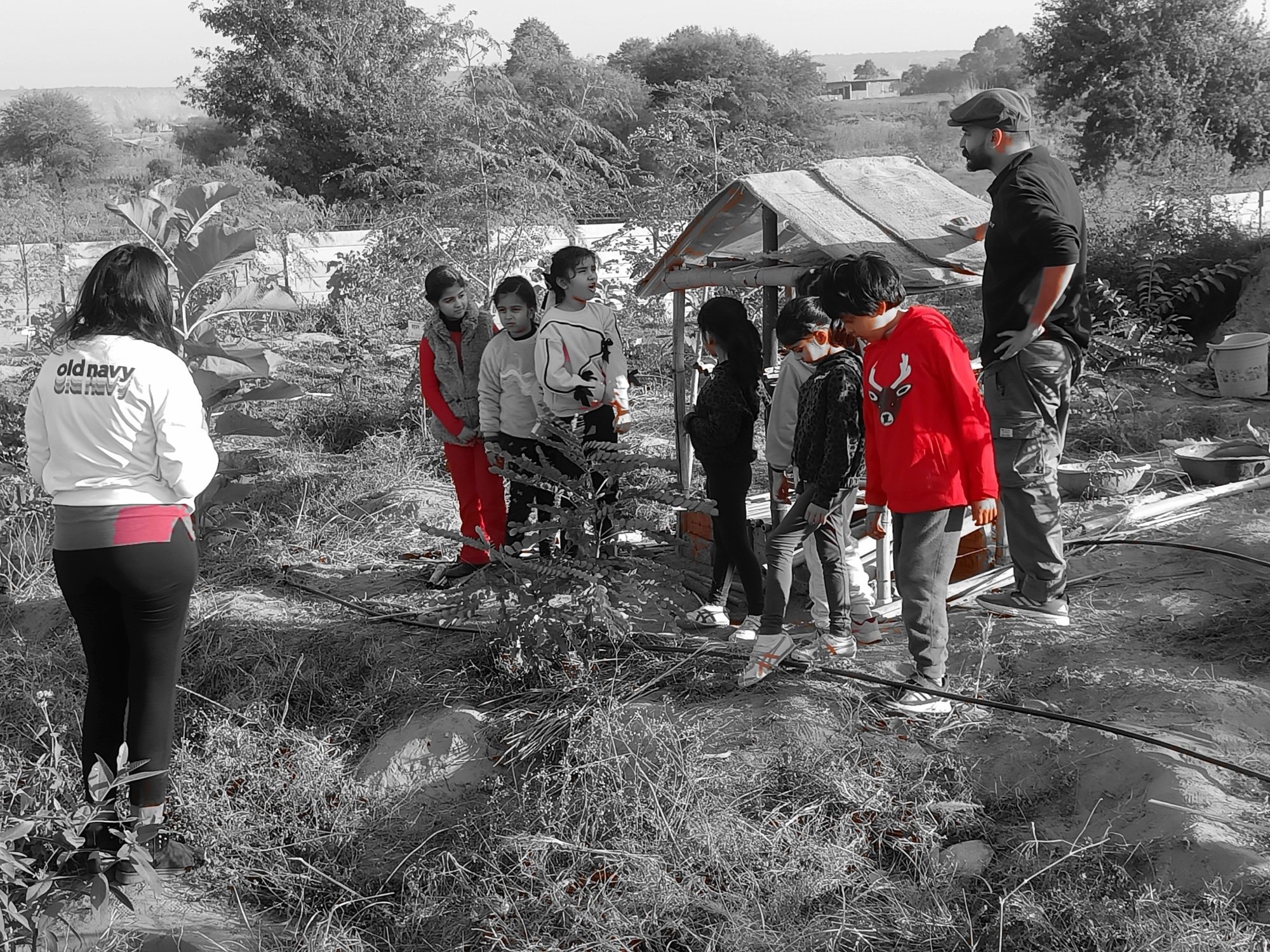 A facilitator and children standing around a farm plot