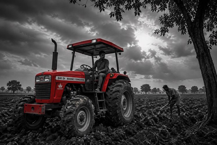 A red tractor ploughing a field at the farm