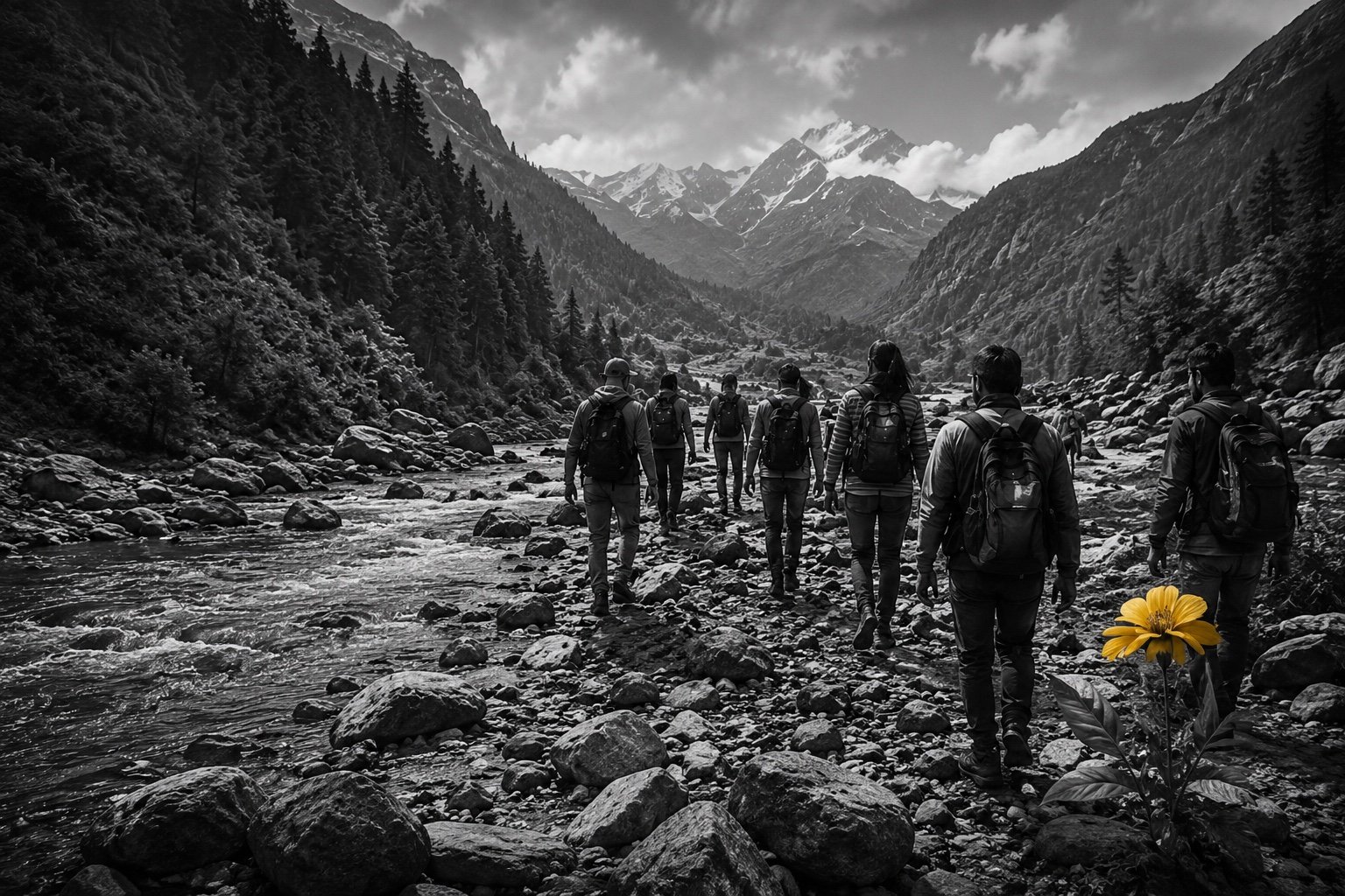 A group walking up a boulder-strewn river valley below snow peaks, a single yellow bloom in the foreground